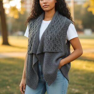 (A-19)East‎ Side West Side Women's Gray Knit Open Front Sweater Vest Size S